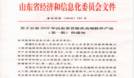 关于公布2018年山东省首版次高端软件产品（第一批）的通知